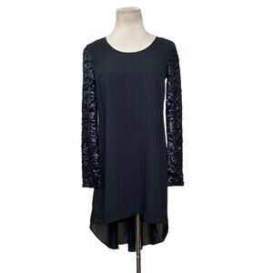 Dress The Population Black Sequin Sleeve Hi Low Shift Cocktail Dress Size XS
